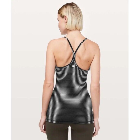 Lululemon Women Power Y Tank Luon Parallel Stripe Black/White Shelf Bra Top SZ 6 - Picture 2 of 9